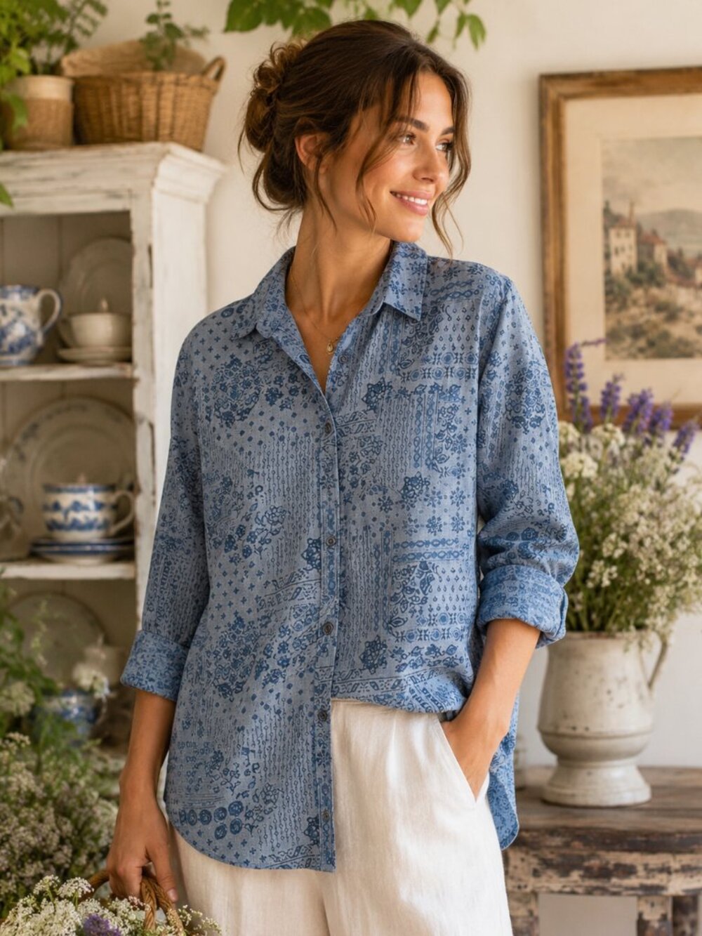 Old Navy Women's Blue Floral Cotton Button Up Shirt XL Botanical Cottagecore Top